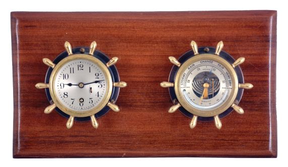 Chelsea Clock Co., Boston, Mass., "Manhattan" clock and barometer set, patinated bronze cases with mounting flanges, 2 3/4"" dials, blued steel hands, 8 day timepiece movement with lever escapement, and holosteric barometer with thermometer, serial #277463, now mounted to a wooden board for hanging