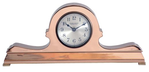 Chelsea Clock Co., Boston, Mass., miniature tambour clock, bronze case with brass feet, 3" Arabic numeral silvered dial, blued steel hands, 8 day timepiece movement with lever escapement, serial #175929