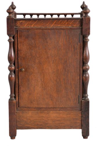 French, oak cased mantel clock with blue and white inserts and dial, 8 day, time and strike, with a movement stamped "C. J. & Co.", the case with turned corner columns and finials.