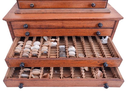 Cabinets- 2 (Two) Watch Part Cabinets: One 4 (Four) drawer watch crystal cabinet in oak with dozens of new old stock pocket watch crystals in the lower two drawers. One 5 (Five) drawer cabinet marked "Jessen & Rosberg, Chicago", also in oak.