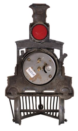 New Haven Clock Co., New Haven, Conn., novelty clock, 30 hour time only movement in a cast metal case resembling the front of locomotive complete with cow catcher and red glass lens, c1920
