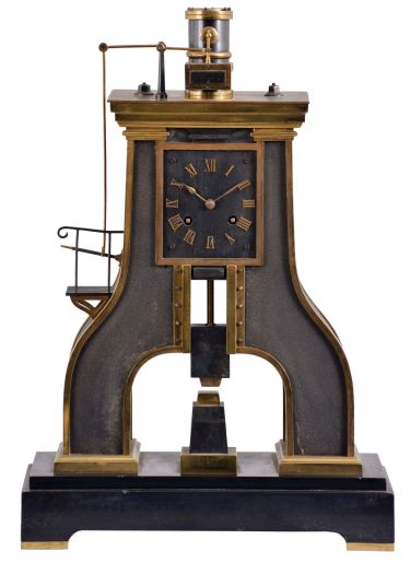France, (Guilmet) industrial series "steam hammer", polished and patinated bronze case on a black slate base with polished feet, the hammer forming part of the complex pendulum, rising and falling, appearing to strike the anvil as the clock runs, Roman numeral metal dial, 8 day, time and strike pendule de Paris movement, with Guilmets modifications, and also with Guilmet
