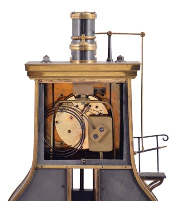 France, (Guilmet) industrial series "steam hammer", polished and patinated bronze case on a black slate base with polished feet, the hammer forming part of the complex pendulum, rising and falling, appearing to strike the anvil as the clock runs, Roman numeral metal dial, 8 day, time and strike pendule de Paris movement, with Guilmets modifications, and also with Guilmet