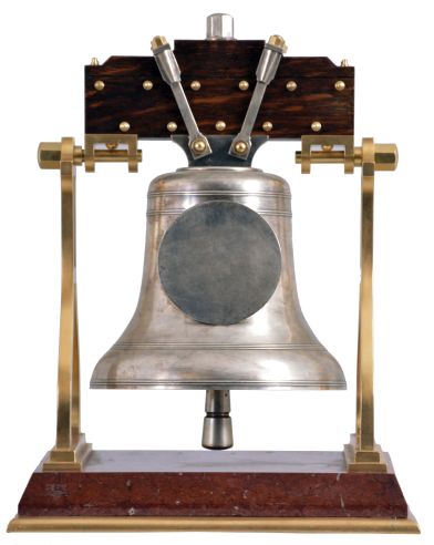 France, industrial series "Church Bell", gilt trimmed griotte marble base below stylized A shaped frames supporting the silver bell with oak headstock, all hardware in silvered or gilt finish, the bell front engraved "VAE. MIHI. SI. NON. EVANGELISAVERO" below the Roman numeral silvered dial, blued steel hands, 8 day, time and strike movement with lever platform