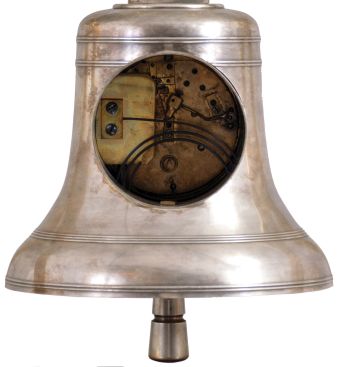 France, industrial series "Church Bell", gilt trimmed griotte marble base below stylized A shaped frames supporting the silver bell with oak headstock, all hardware in silvered or gilt finish, the bell front engraved "VAE. MIHI. SI. NON. EVANGELISAVERO" below the Roman numeral silvered dial, blued steel hands, 8 day, time and strike movement with lever platform