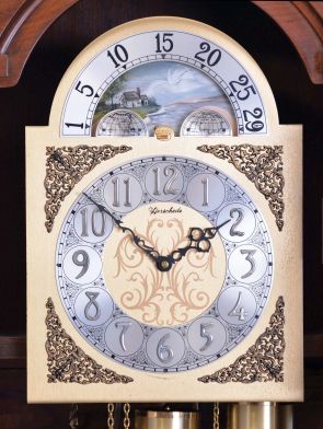 Herschede Clock Co., Cincinnati, Ohio, tall clock, 8 day, time, strike and Westminster chime on four rod gongs, three train, weight driven movement in a cherry case with faux gilt and silvered dial