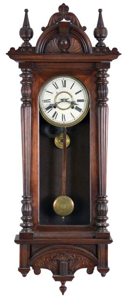Waterbury Clock Co., Waterbury, Conn., "Leipsic" wall clock, with walnut case, Roman numeral painted dial, fancy pierced hands, and 8 day, spring driven time and strike movement