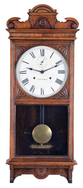 Seth Thomas Clock Co., Thomaston, Conn., "Office 30 Day - Variant" wall hanging clock with a spring driven 30 day timepiece movement in an "old oak" case.