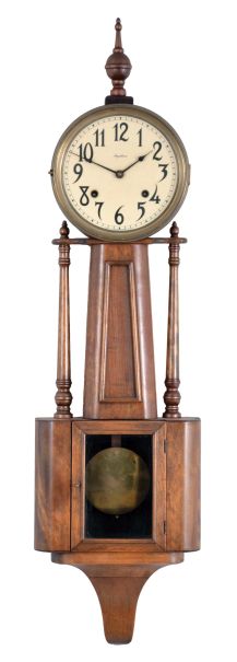 E. Ingraham & Co., Bristol, Conn., "Nile" banjo clock with a spring driven, 8 day, time and strike movement in a rubbed mahogany finish case