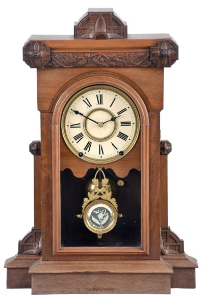 Seth Thomas Clock Co., Thomaston, Conn., "Pittsburgh - VP" shelf clock with a spring driven, 8 day, time and strike movement in a walnut case.