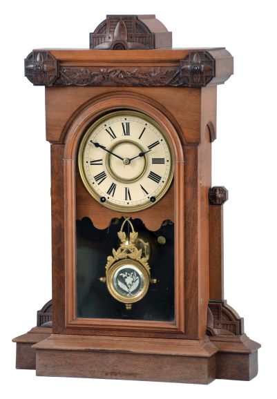 Seth Thomas Clock Co., Thomaston, Conn., "Pittsburgh - VP" shelf clock with a spring driven, 8 day, time and strike movement in a walnut case.