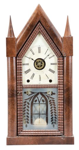 Brewster & Ingrahams, Bristol, Conn., 8 day, time, strike and alarm ripple door sharp gothic or steeple clock.