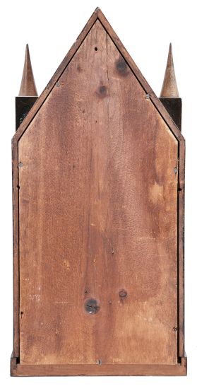Brewster & Ingrahams, Bristol, Conn., 8 day, time, strike and alarm ripple door sharp gothic or steeple clock.