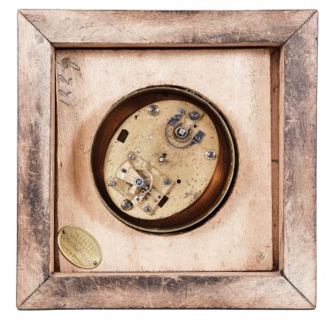 Blumberg & Co. Ltd., Paris & London, a four dial, architectural, tower form clock, the ebonized case with deeply molded, stepped base, supporting cavetto molded frames containing beveled mirrors with polychrome painted floral ornament, and surmounted by a cube with pedimented top, containing the transmission gearing for four, roman numeral white enamel dials with blued steel Breguet style hands and beveled glasses in brass bezels, the dials signed "Hry. Marc", the base containing an 8 day, timepiece with oval plates and lever platform, the base also bearing an embossed, brass tag marked "Patent Brevete S.G.D.C. Blumberg & Co. Ltd Paris & London"