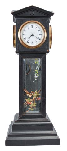 Blumberg & Co. Ltd., Paris & London, a four dial, architectural, tower form clock, the ebonized case with deeply molded, stepped base, supporting cavetto molded frames containing beveled mirrors with polychrome painted floral ornament, and surmounted by a cube with pedimented top, containing the transmission gearing for four, roman numeral white enamel dials with blued steel Breguet style hands and beveled glasses in brass bezels, the dials signed "Hry. Marc", the base containing an 8 day, timepiece with oval plates and lever platform, the base also bearing an embossed, brass tag marked "Patent Brevete S.G.D.C. Blumberg & Co. Ltd Paris & London"