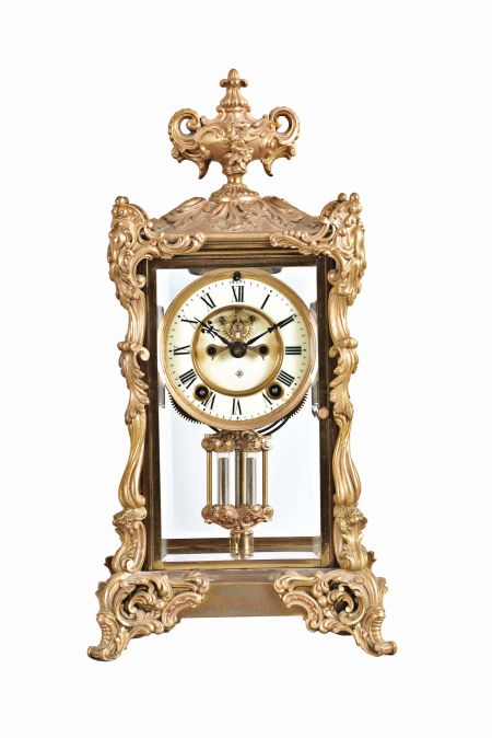 Ansonia Clock Co., New York, "Viscount", 8 day, time and strike, spring brass movement crystal regulator mantel clock.