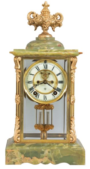 Ansonia Clock Co., New York, "Count", 8 day, time and strike, spring brass movement crystal regulator mantel clock with visible escapement.