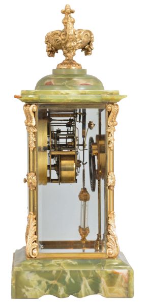 Ansonia Clock Co., New York, "Count", 8 day, time and strike, spring brass movement crystal regulator mantel clock with visible escapement.