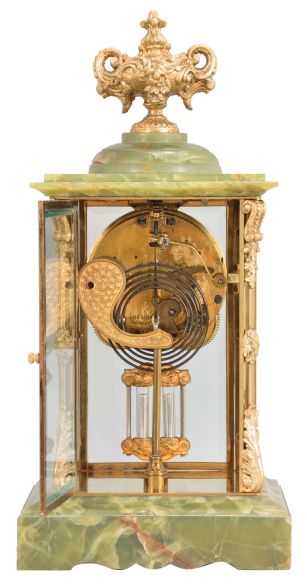 Ansonia Clock Co., New York, "Count", 8 day, time and strike, spring brass movement crystal regulator mantel clock with visible escapement.