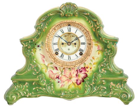 Ansonia Clock Co., New York, "Peconic", 8 day, time and strike, spring brass movement porcelain mantel clock with visible escapement movement.