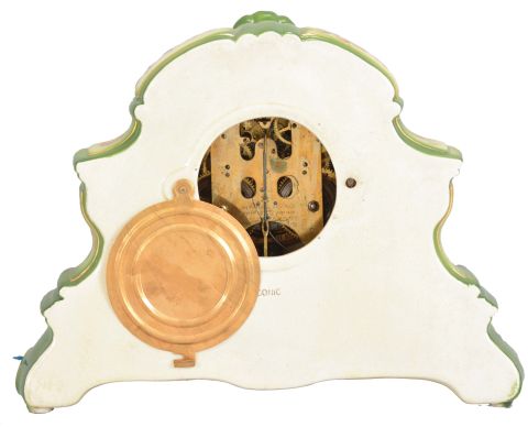 Ansonia Clock Co., New York, "Peconic", 8 day, time and strike, spring brass movement porcelain mantel clock with visible escapement movement.
