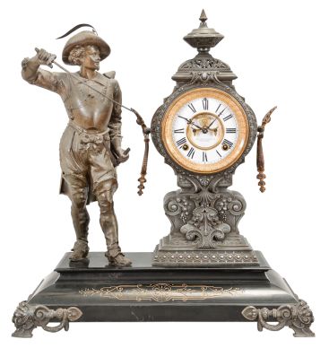 Ansonia Clock Co., New York, "Don Caesar" Figure shelf clock with a spring driven, 8 day, time and half hour strike movement with visible escapement with a black enameled iron base with a Japanese bronze spelter statue.