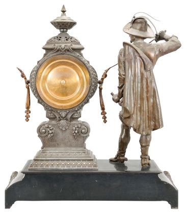 Ansonia Clock Co., New York, "Don Caesar" Figure shelf clock with a spring driven, 8 day, time and half hour strike movement with visible escapement with a black enameled iron base with a Japanese bronze spelter statue.