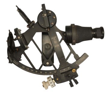 C. Plath, Hamburg, Germany, 6 inch radius drum sextant, skeletonized black anodized aluminum frame, graduated arc reading from -5 to +125 degrees with the Plath