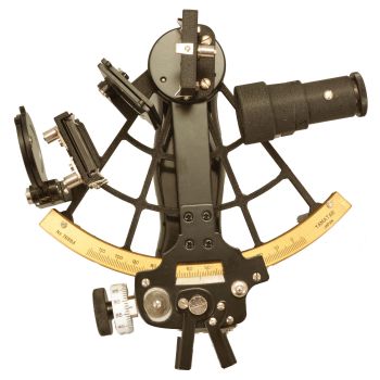 Magna Corporation, Tokyo, Japan, Yamatar Model TT-701 sextant, 5 inch radius, metal frame with black crinkle finish, graduated brass arc reading 0-110, micrometer drum, dual shades for both horizon and index mirrors, 3x power sighting scope, black plastic handle, all in finger-jointed mahogany case, serial number 76583, dated 1976.