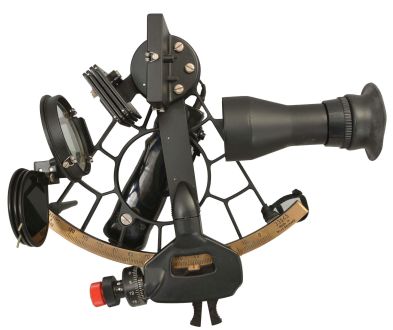 Cassens & Plath, Germany, "Full-Vision Sextant", 160mm radius, metal frame with matte black finish, signed brass arc with graduations from -5 to125, micrometer vernier adjustment, multiple shades for horizon and index mirrors, 4x40 and 6x60 sighting scopes, lighting lamp, and black plastic handle, all in finger-jointed mahogany box with original paperwork dated 1986.
