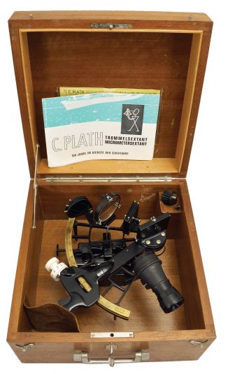 C. Plath, Hamburg, Germany, "Micrometer Sextant", 160mm radius, metal frame with black finish, brass arc with graduations from -5 to125 and Plath