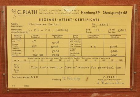 C. Plath, Hamburg, Germany, "Micrometer Sextant", 160mm radius, metal frame with black finish, brass arc with graduations from -5 to125 and Plath