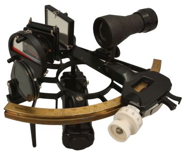 Weems & Plath, Germany, "Micrometer Sextant with Astigmatizer Lens", 160mm radius, metal frame with black finish, signed brass arc with graduations from -5 to125, micrometer vernier adjustment, multiple shades for horizon and index mirrors, 4x40 sighting scope, lighting lamp, and black plastic handle, all in a finger-jointed mahogany box with a certificate under the lid dated 1976.