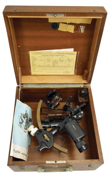 C. Plath, Hamburg, Germany, micrometer sextant, 160mm radius, metal frame with black finish, signed brass arc with graduations from -5 to125 and Plath