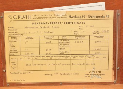 C. Plath, Hamburg, Germany, micrometer sextant, 160mm radius, metal frame with black finish, signed brass arc with graduations from -5 to125 and Plath