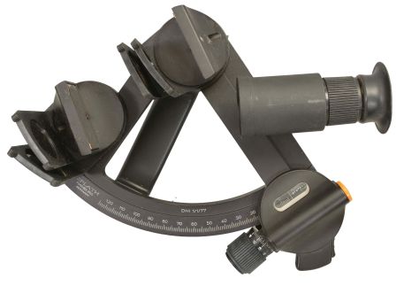 C. Plath, Hamburg, Germany, "Navistar Professional" sextant, 6 inch radius, black aluminum alloy frame. signed arc with Plath "Sun Seeker" logo and graduated from -5 to 125, micrometer drum adjustment two index shades for horizon and index mirrors, 4x40 Galilean telescope, high-impact plastic handle, all in a molded plastic case with fitted inserts to hold the instrument.