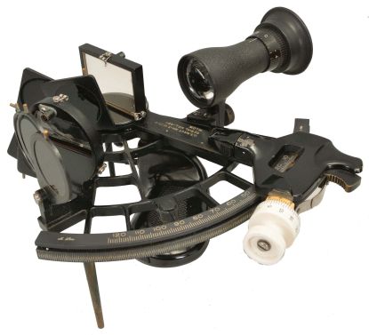 M. Low, New York for U.S. Navy, "Mark III, Model 0" sextant, 6.5 inch radius, black metal frames, Navy identification on index arm and rear of index mirror holder, graduated arc reading -5 to125, micrometer drum, shades for horizon and index mirrors, sighting scopes, push-button illumination, and black plastic handle, all in wood box with certificate under the lid dated 1973.