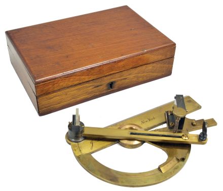 J. Prentice, New York, "Captain Douglas" reflecting circle or reflecting alidade, lacquered brass, straight-edge engraved "J. Prentice", "283", and "New York", protractor arc graduated from 0 to 130, central crosshair reticle, swinging plotting arm with vernier scale graduated from 0 to 30, sighting vane, half-silvered mirror, and index reflector, all in a felt-lined wooden case. This instrument is named after its inventor, Sir Howard Douglas, renowned British military engineer.