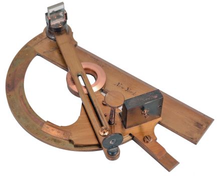 J. Prentice, New York, "Captain Douglas" reflecting circle or reflecting alidade, lacquered brass, straight-edge engraved "J. Prentice", "283", and "New York", protractor arc graduated from 0 to 130, central crosshair reticle, swinging plotting arm with vernier scale graduated from 0 to 30, sighting vane, half-silvered mirror, and index reflector, all in a felt-lined wooden case. This instrument is named after its inventor, Sir Howard Douglas, renowned British military engineer.