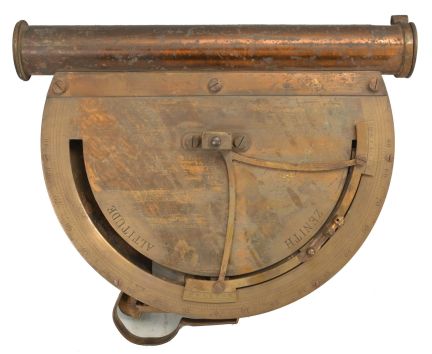 Hall Colby, New York, "Altimeter" or gravity sextant, lacquered brass, 9.5 inch sighting tube atop a graduated brass arc reading 90 to 0 to 90. Center of arc reads "HALL COLBY / ALTIMETER / Patent Applied For / No. 21". Two vernier scales, one for the "ALTITUDE" scale showing degrees from a horizontal axis and one for the "ZENITH" scale showing degrees from a vertical axis. Free-swinging pendulum establishes a vertical line of reference against which the angles are measured. Spring-loaded pin locks pendulum when a reading has been made.