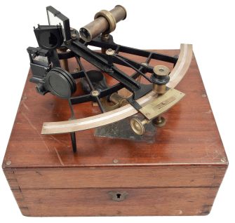 Janet Taylor, London, 7.5 inch radius, black metal ladder frame, brass arc signed Mrs. Janet Taylor, 104 Minories, London" with inset silver scale with graduations reading -5 to 150, tangent screw vernier adjustment, index magnifier, sighting telescopes, multiple sun shades for index and horizon mirrors, ebony handle, all in a felt-lined dovetailed mahogany box with accessories.