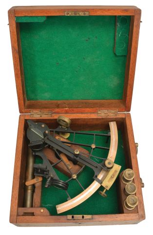 Janet Taylor, London, 7.5 inch radius, black metal ladder frame, brass arc signed Mrs. Janet Taylor, 104 Minories, London" with inset silver scale with graduations reading -5 to 150, tangent screw vernier adjustment, index magnifier, sighting telescopes, multiple sun shades for index and horizon mirrors, ebony handle, all in a felt-lined dovetailed mahogany box with accessories.
