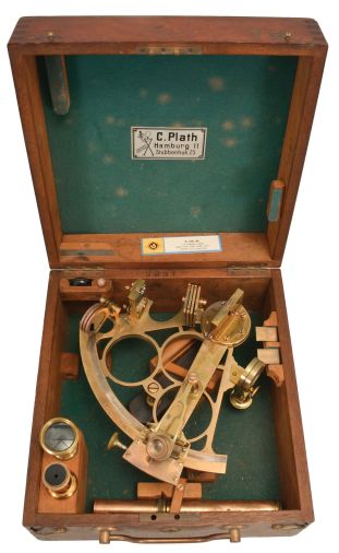 C. Plath, Hamburg, Germany, brass sextant, 6 inch radius, triple circle frame, signed brass arc with Plath