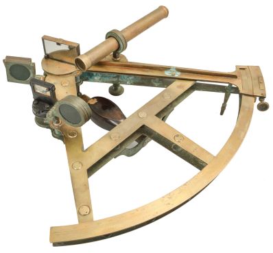 Edward Troughton, London, double or pillar frame brass sextant, 10 inch radius, twin brass frames engraved "No. 93" connected by pillars, large graduated arc measuring 13.75 inches across reading "Troughton- London" and divided from -5 to 155, knurled tangent screw for vernier adjustment, four index and horizon mirror shades, three telescopes, walnut handle, all in a keystone-shaped dovetailed wooden box with later retailer label.