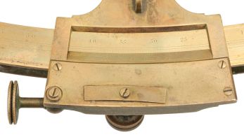 Edward Troughton, London, double or pillar frame brass sextant, 10 inch radius, twin brass frames engraved "No. 93" connected by pillars, large graduated arc measuring 13.75 inches across reading "Troughton- London" and divided from -5 to 155, knurled tangent screw for vernier adjustment, four index and horizon mirror shades, three telescopes, walnut handle, all in a keystone-shaped dovetailed wooden box with later retailer label.