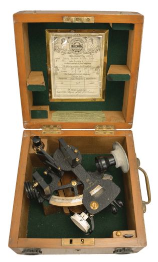 Henry Hughes & Son, London, for Royal Air Force, 3.5 inch radius aeronautical sextant, metal frame with black crinkle finish, graduated brass arc with inset silvered scale reading -5 to 120, index arm imprinted with Air Ministry logo of an "AM" under a king