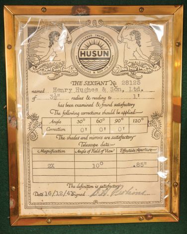Henry Hughes & Son, London, for Royal Air Force, 3.5 inch radius aeronautical sextant, metal frame with black crinkle finish, graduated brass arc with inset silvered scale reading -5 to 120, index arm imprinted with Air Ministry logo of an "AM" under a king