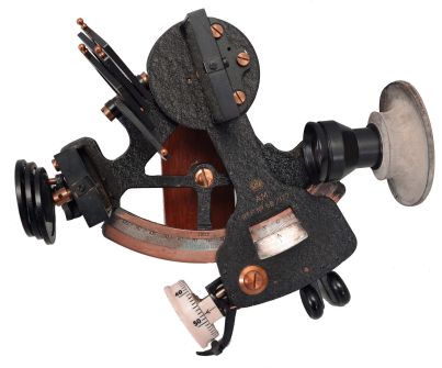 Henry Hughes & Son, London, for Royal Air Force, 3.5 inch radius aeronautical sextant, metal frame with black crinkle finish, graduated brass arc with inset silvered scale reading -5 to 120, index arm imprinted with Air Ministry logo of an "AM" under a king