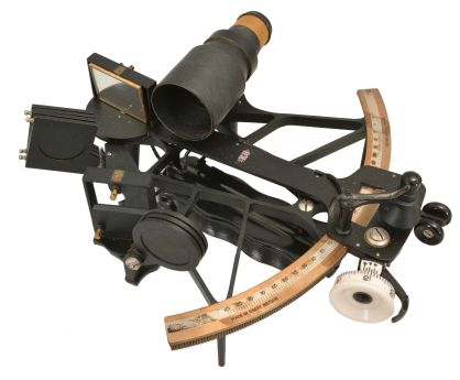 Kelvin & Hughes Ltd., London, 7 inch radius sextant, pierced black metal frame, signed brass arc with inset silvered arc graduated from -5 to 125, index arm with K&H logo, micrometer drum vernier adjustment, index lamp, multiple shades for index and horizon mirrors, sighting telescopes, auxiliary lamp, and black plastic handle with battery compartment all in a finger-jointed case with certificate under the lid dated 1955.
