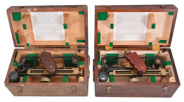 Instruments- 2 (Two) Stadimeters: Schick Incorporated, Stamford, Conn., for U.S. Navy and U.S. Maritime Commission, stadimeters (optical ranger finders), pierced metal frames with black crinkle finish, silvered scales for inputting ship